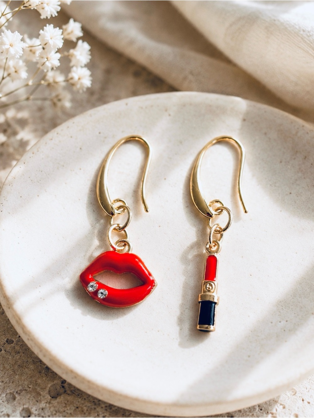 Gold Red Lip & Lipstick Dangle Earrings - Women Jewelry